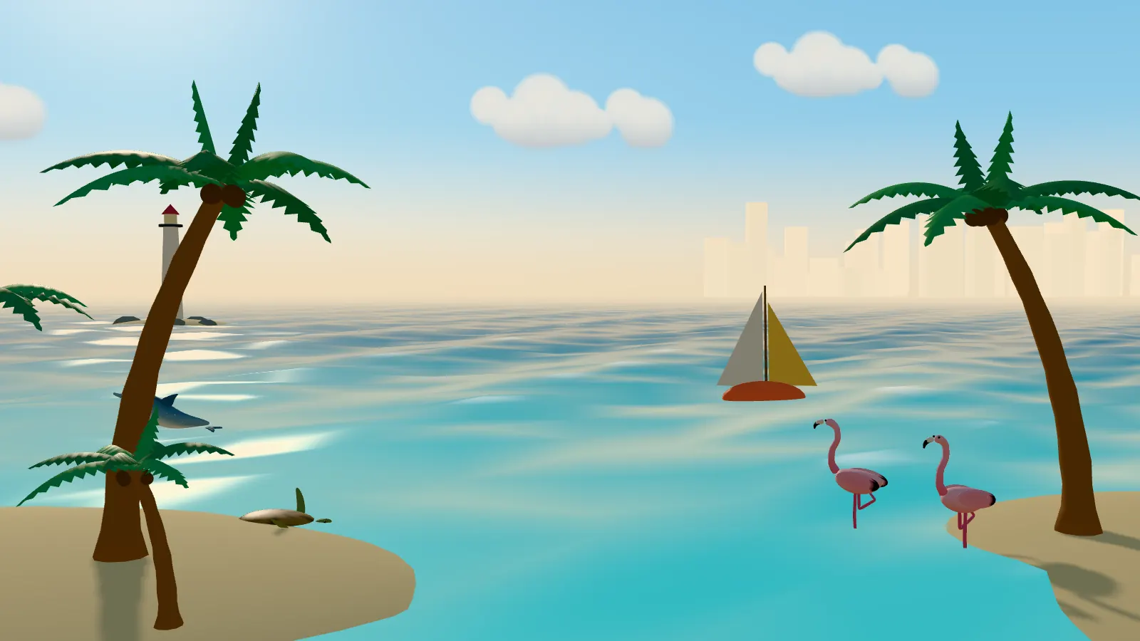 A 3D South Florida coastline with palm trees, a lighthouse, a sailboat and wildlife